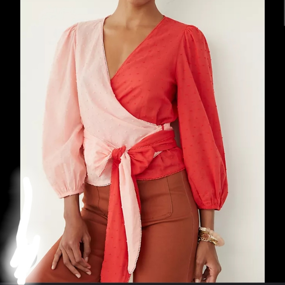 Farm Rio Pink Red Colorblock Swiss Dot Wrap Top - Picture 2 of 6